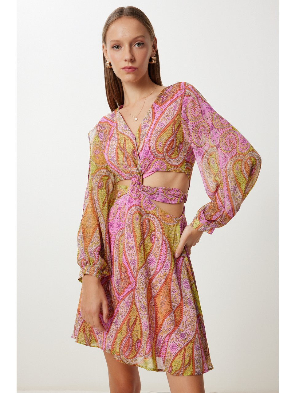 Desenli Cut Out Detaylı Şifon Elbise Pembe Sarı