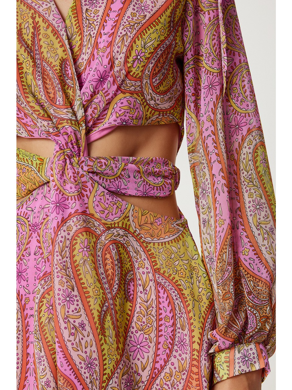 Desenli Cut Out Detaylı Şifon Elbise Pembe Sarı